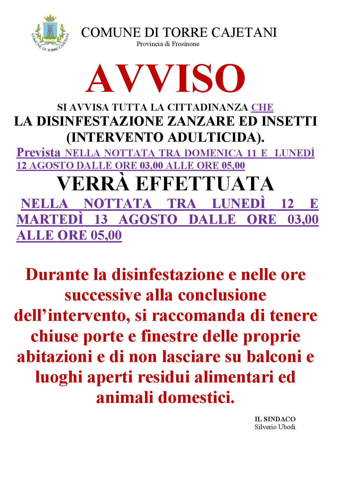 Avviso disinfestazione